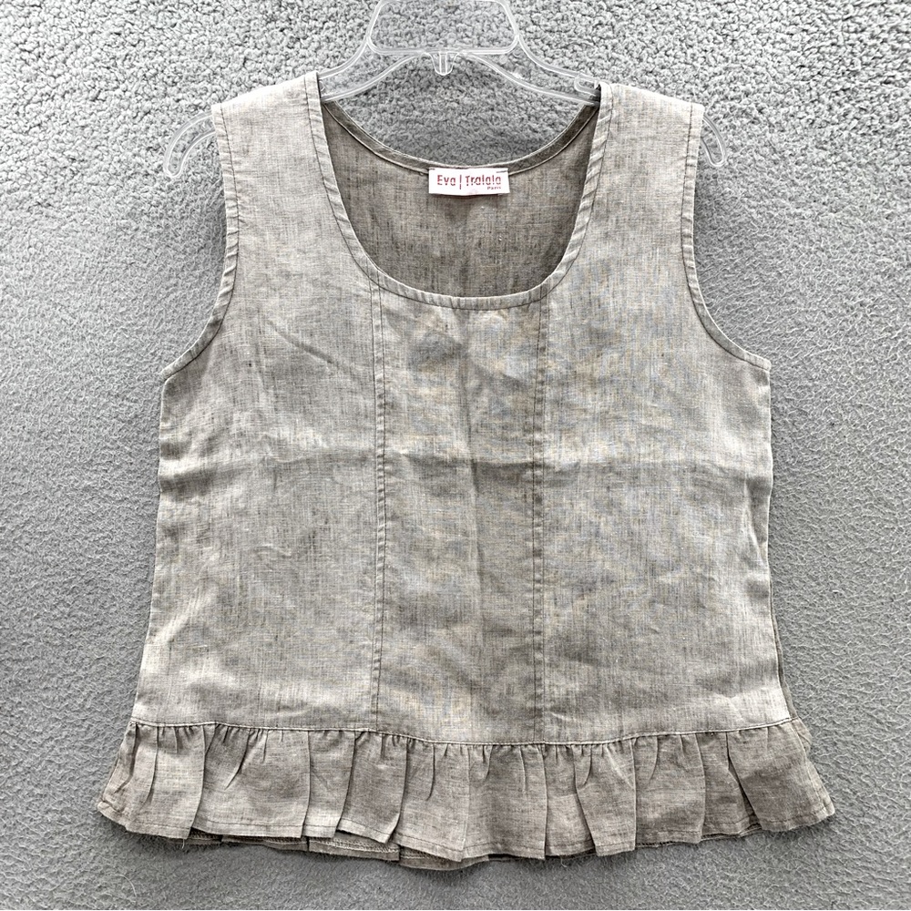 EVA TRALALA Paris Designer Women Beige Gray 100% Linen Sleeveless Top Blouse S/M